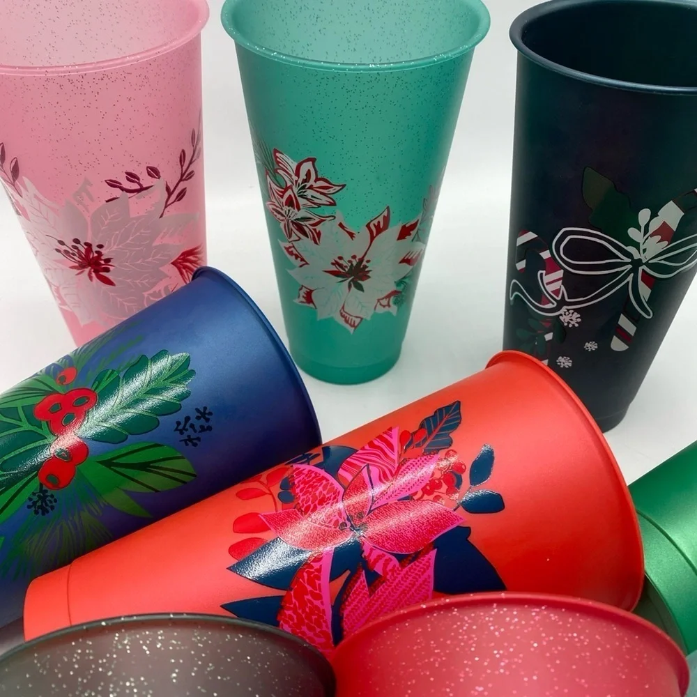Starbucks Glitter Cold Cups Carnation Floral Print Holiday Christmas Plastic 10